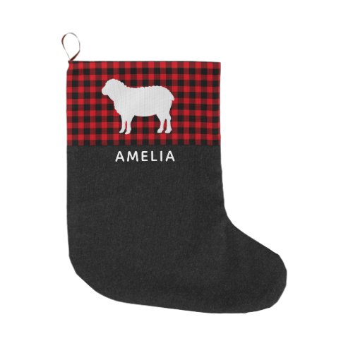 Red  Black Buffalo Plaid Sheep Personalized Large Christmas Stocking