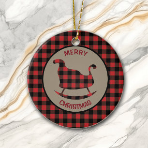 Red Black Buffalo Plaid Sleigh and Tree Ceramic Ornament