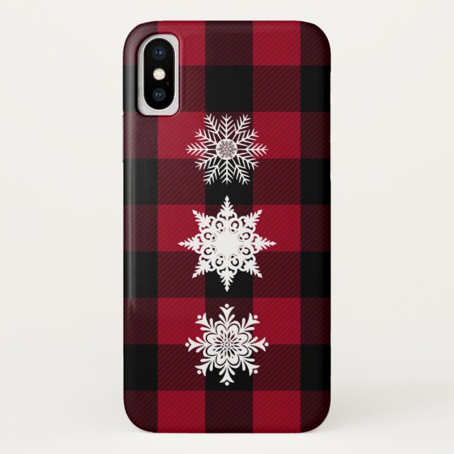 Red, Black Buffalo Plaid, Snowflakes Cell Case (Back)