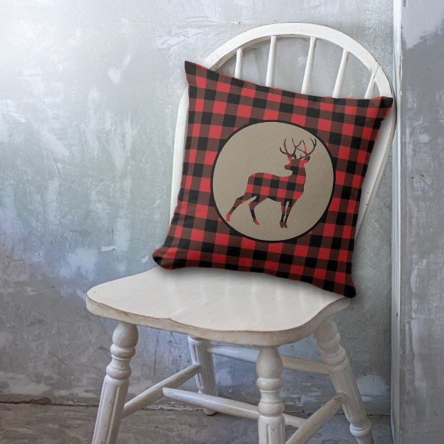 Red Black Buffalo Plaid Standing Deer Buck Throw Pillow (Creator Uploaded)