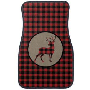 Red Black Buffalo Plaid Standing Deer Car Floor Mat