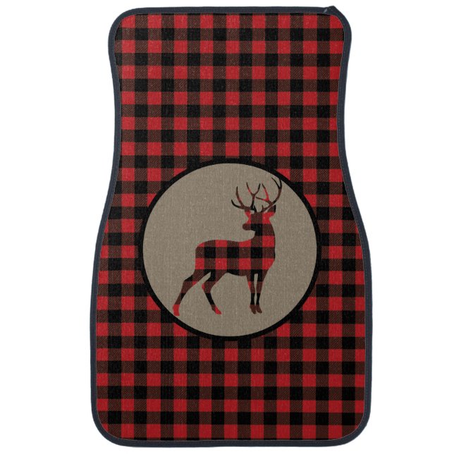 Red Black Buffalo Plaid Standing Deer Car Floor Mat (Front)