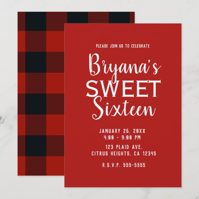Red & Black Buffalo Plaid Sweet 16 Birthday Party Invitation (Front/Back)