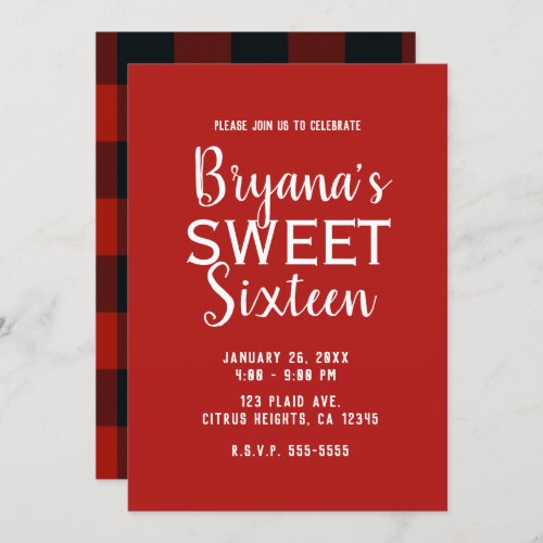 Red  Black Buffalo Plaid Sweet 16 Birthday Party Invitation