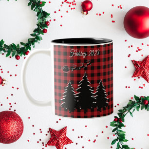 Red - Black Buffalo Plaid Trees and Santa Two-Tone Coffee Mug