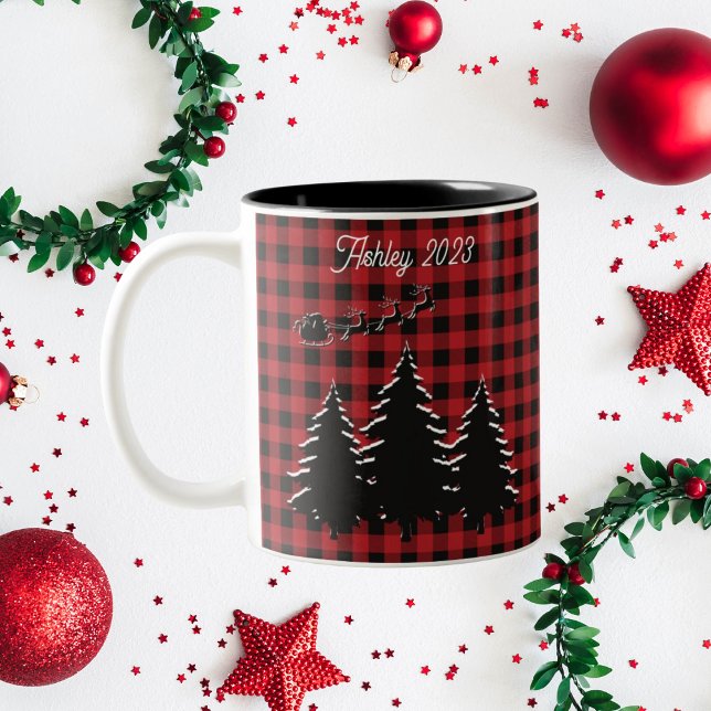 Red - Black Buffalo Plaid Trees and Santa Two-Tone Coffee Mug (Creator Uploaded)