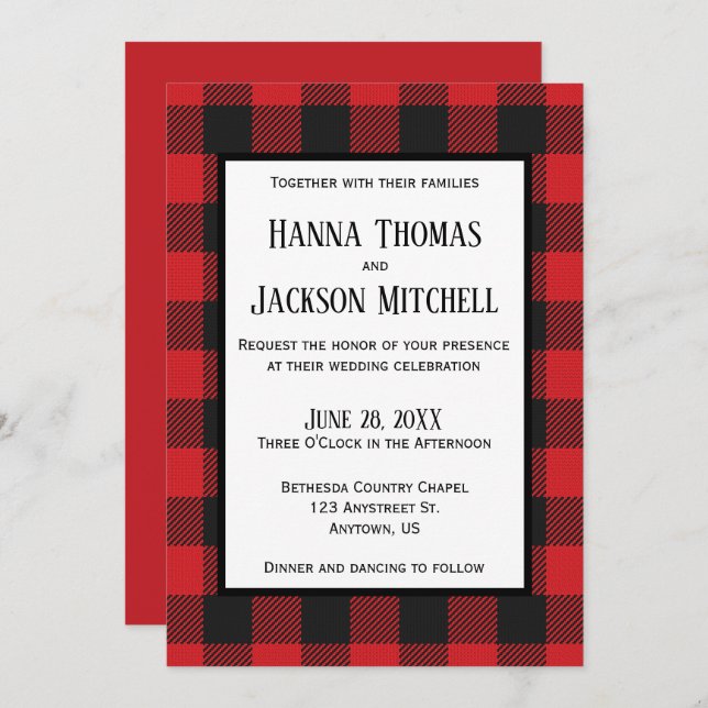 Red Black Buffalo Plaid Wedding Invitation (Front/Back)