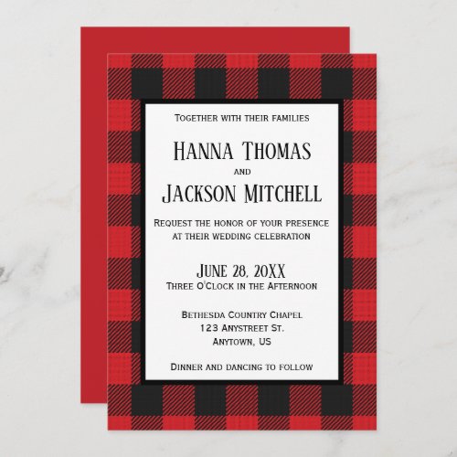 Red Black Buffalo Plaid Wedding Invitation