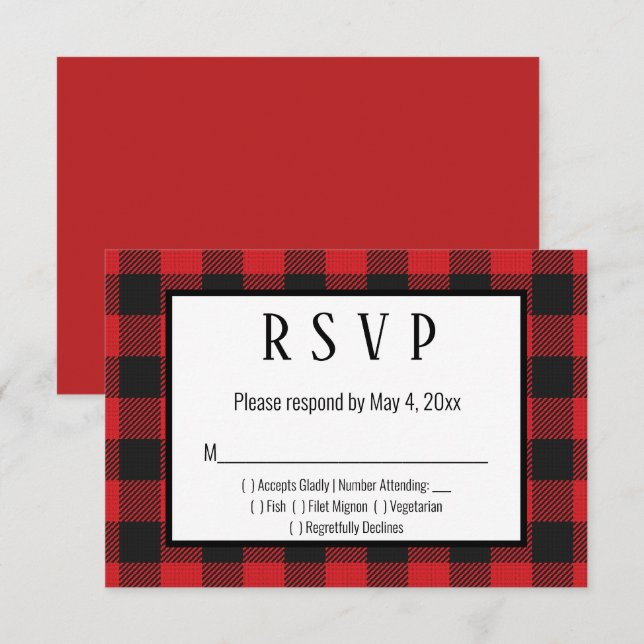 Red Black Buffalo Plaid Wedding RSVP Card (Front/Back)