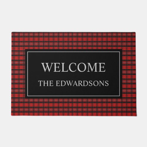 Red black buffalo plaid Welcome family name Doormat