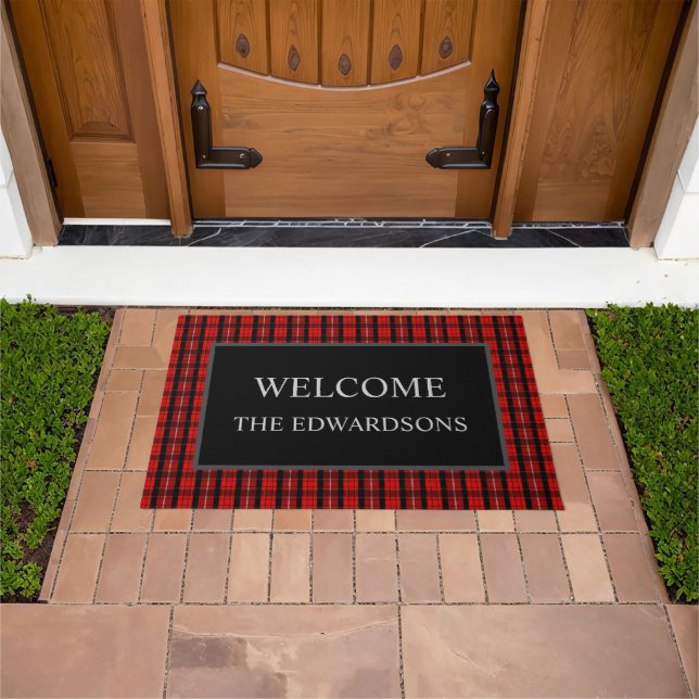 Red black buffalo plaid Welcome family name Doormat (Outdoor)