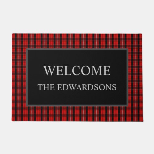 Red black buffalo plaid Welcome family name Doormat