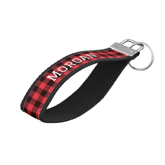 Red Black Buffalo Plaid Wrist Keychain (Angled Up)