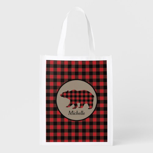 Red Black Buffalo Print Bear Personalized Grocery Bag