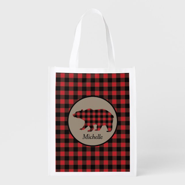 Red Black Buffalo Print Bear Personalized Grocery Bag (Front)