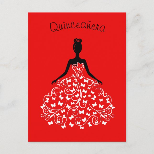 Red Black Butterfly Gown Quinceanera Invitation (Front)