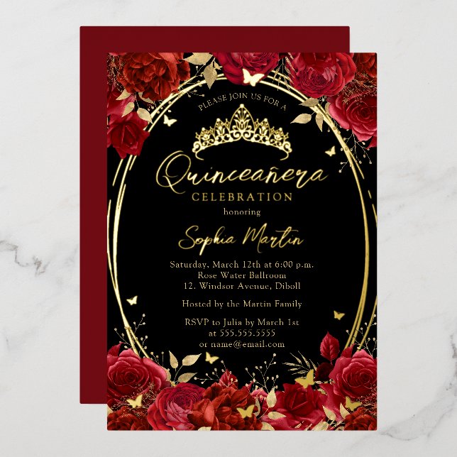 Red Black Captivating Floral Butterfly Quinceanera Foil Invitation (Front/Back)