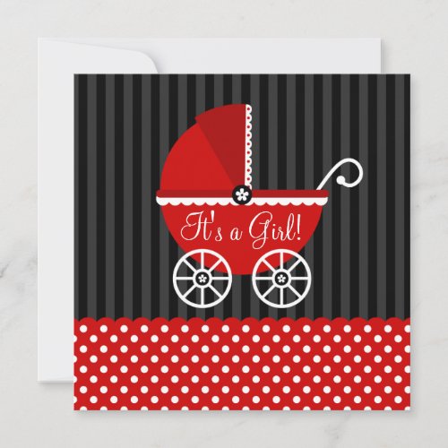 Red Black Carriage Dots Girl Baby Shower Custom Invite