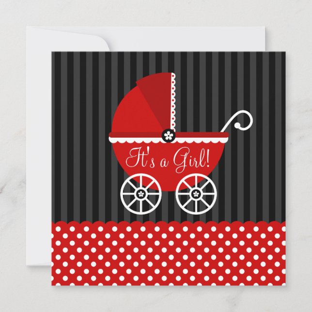 Red Black Carriage Dots Girl Baby Shower Invitation (Front)