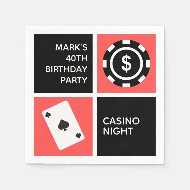 Red Black Casino Themed 40th Birthday Party Napkins (Front)