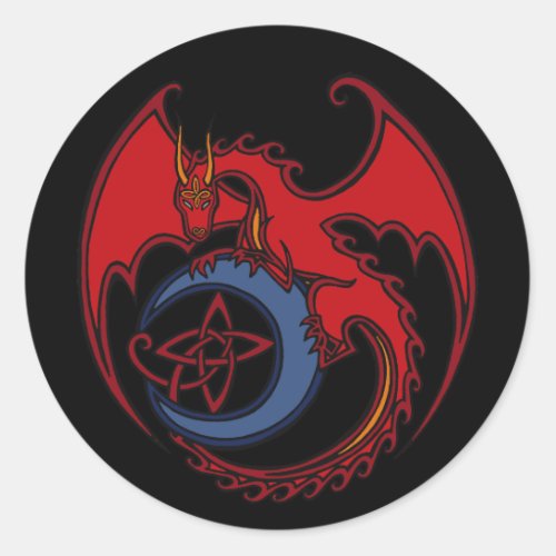Red Black Celtic Dragon And Blue Moon Drawing Classic Round Sticker