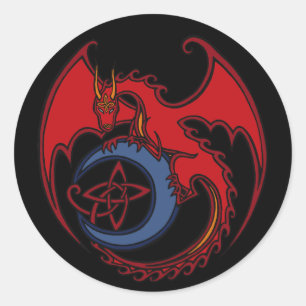 Red Black Celtic Dragon And Blue Moon Drawing Classic Round Sticker
