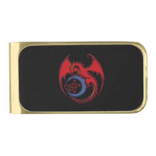 Red Black Celtic Dragon And Blue Moon Drawing Gold Finish Money Clip