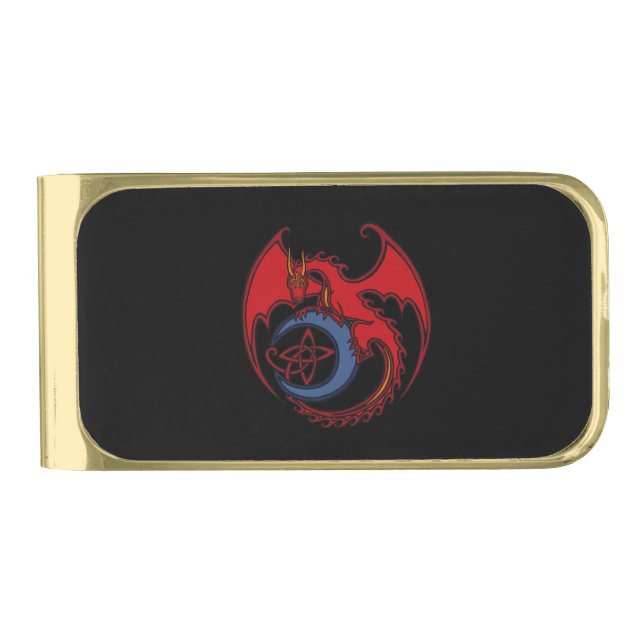 Red Black Celtic Dragon And Blue Moon Drawing Gold Finish Money Clip (Front)