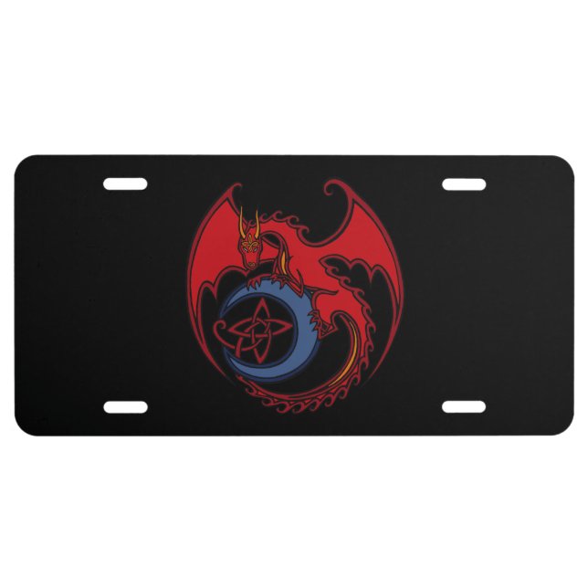 Red Black Celtic Dragon And Blue Moon Drawing License Plate (Front)
