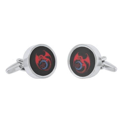 Red Black Celtic Dragon And Blue Moon Drawing Silver Cufflinks