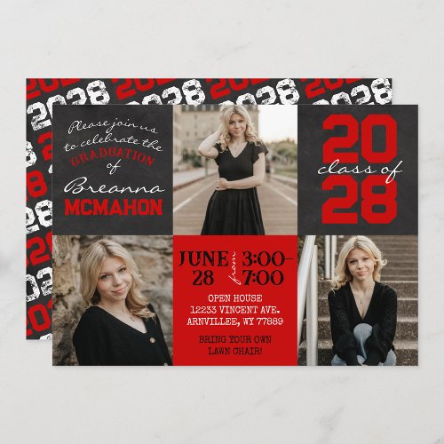 Red  Black Chalkboard 3 Photo Graduation Invitation