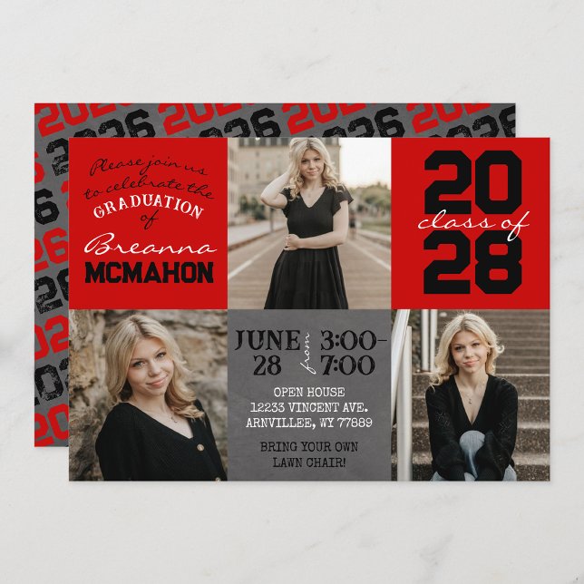Red & Black Chalkboard 3 Photo Graduation Invitation (Red & Black 3 Photo Chalkboard Graduation Invites)