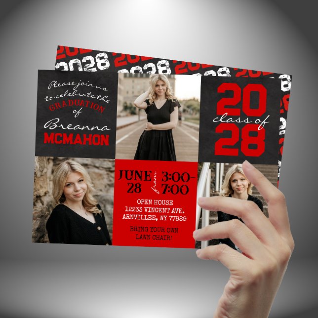 Red & Black Chalkboard 3 Photo Graduation Invitation (Red & Black Graduation 3 Photo Chalkboard Invitations)