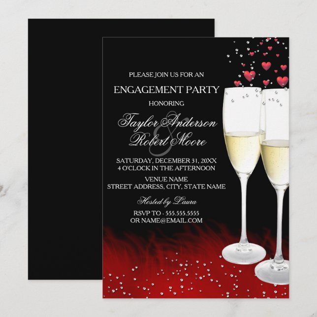 Red Black Champagne & Hearts Engagement Party Invitation (Front/Back)
