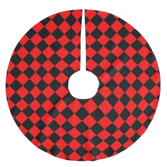 Red Black Checker Diamond Pattern Brushed Polyester Tree Skirt (Front)