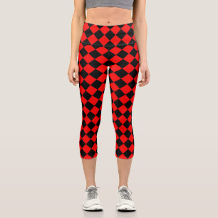 Red Black Checker Diamond Pattern Capri Leggings