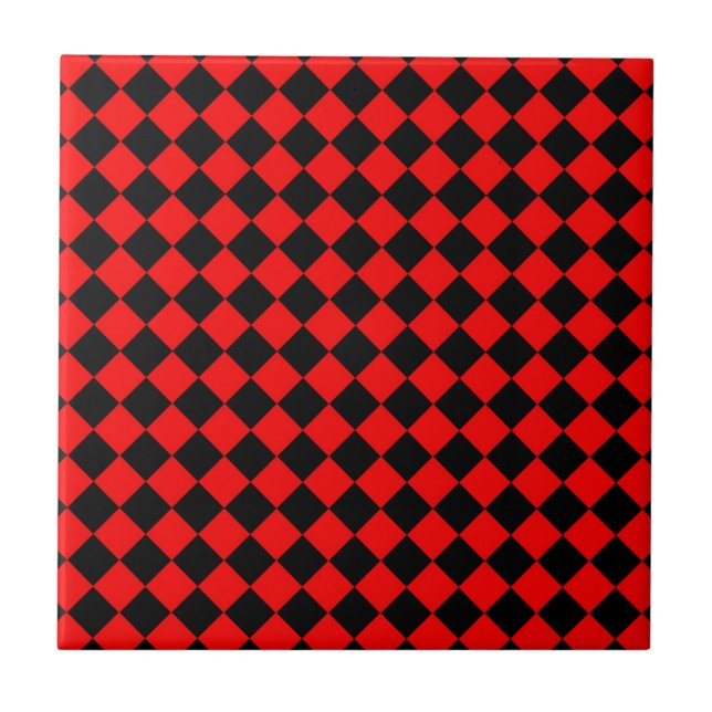 Red Black Checker Diamond Pattern Ceramic Tile (Front)