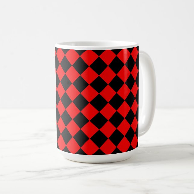 Red Black Checker Diamond Pattern Coffee Mug (Front Right)