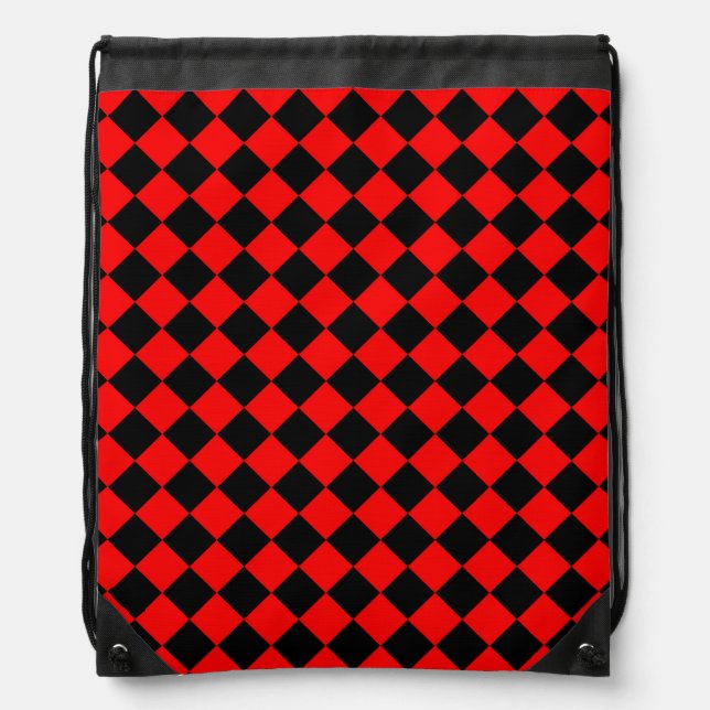 Red Black Checker Diamond Pattern Drawstring Bag (Front)