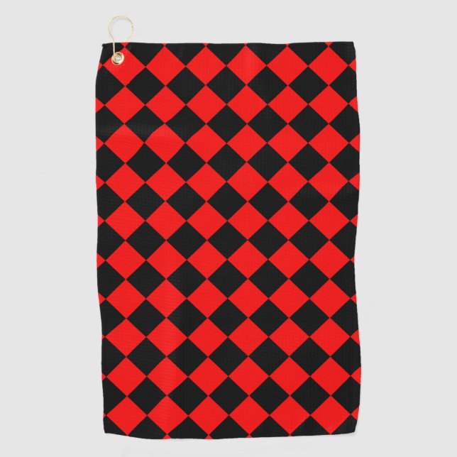 Red Black Checker Diamond Pattern Golf Towel (Front)