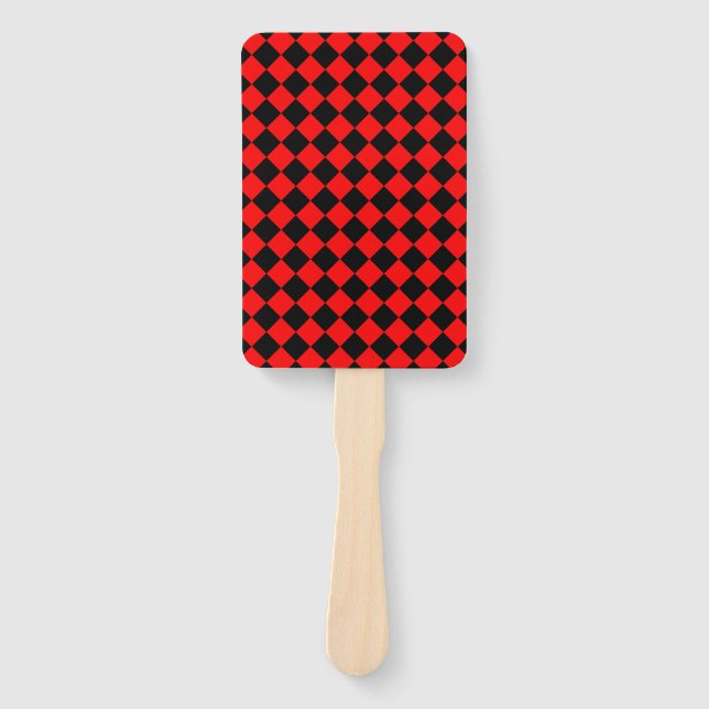 Red Black Checker Diamond Pattern Hand Fan (Front)