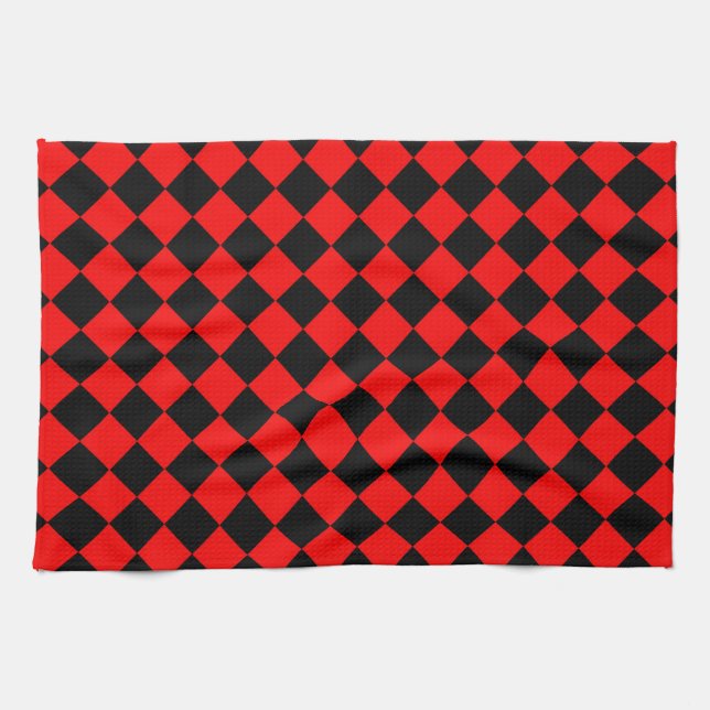 Red Black Checker Diamond Pattern  Kitchen Towel (Horizontal)