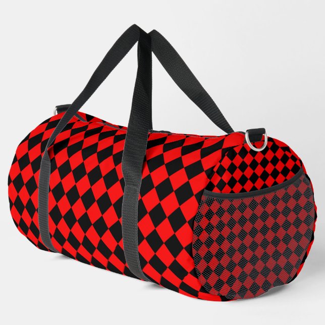 Red Black Checker Diamond Pattern Large Duffle Bag (Right Corner)