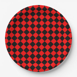 Red Black Checker Diamond Pattern Paper Plates