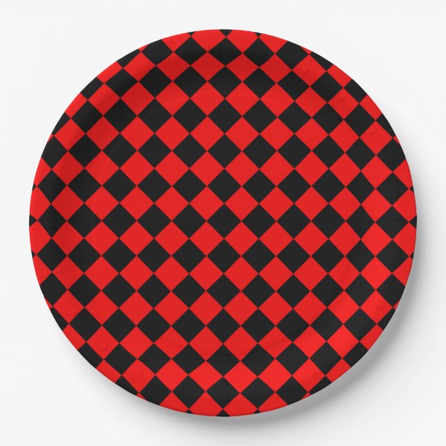 Red Black Checker Diamond Pattern Paper Plates (Front)