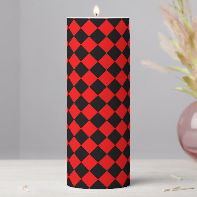 Red Black Checker Diamond Pattern Pillar Candle (In Situ)