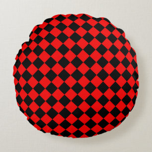 Red Black Checker Diamond Pattern Round Pillow