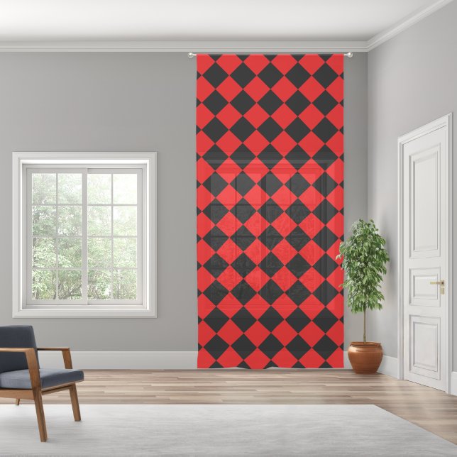 Red Black Checker Diamond Pattern Sheer Curtains (Wide)