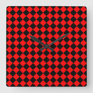 Red Black Checker Diamond Pattern Square Wall Clock