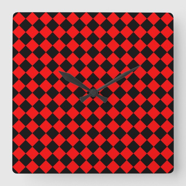 Red Black Checker Diamond Pattern Square Wall Clock (Front)